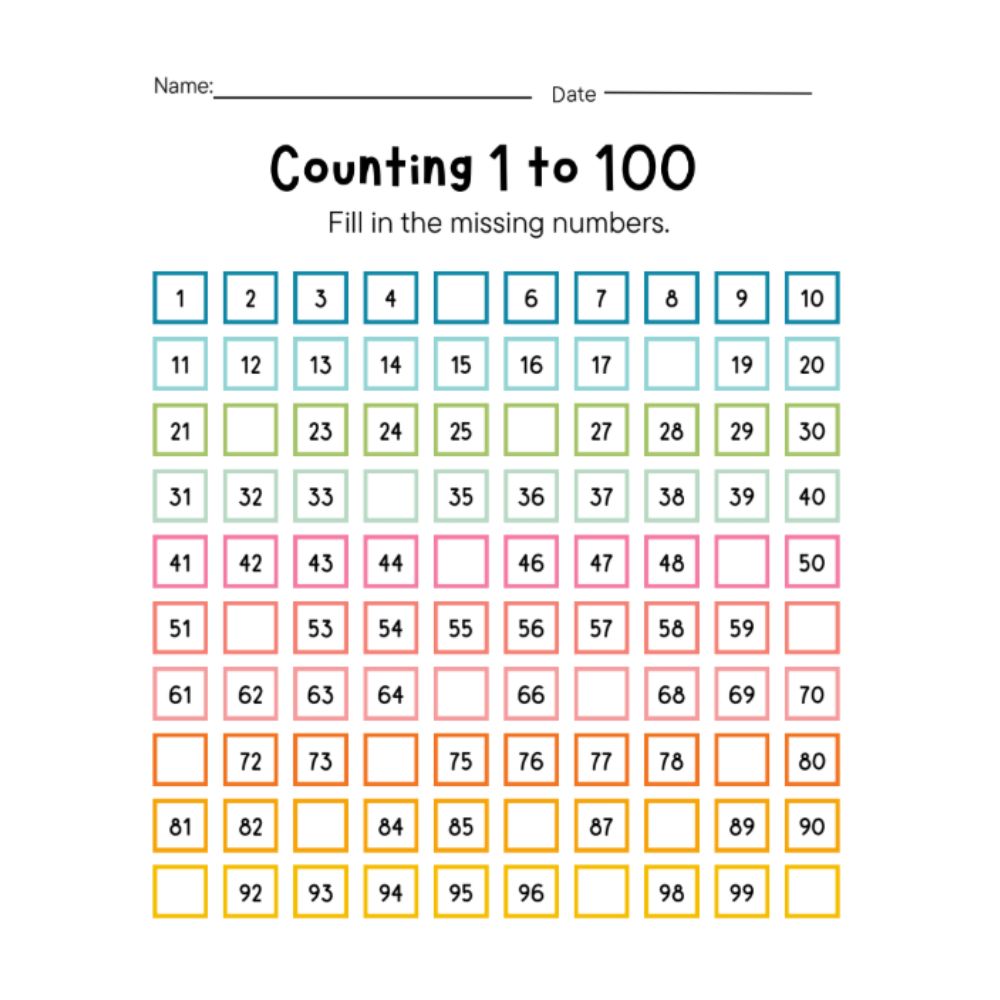 Counting to 100 Math Worksheet in Colorful box style